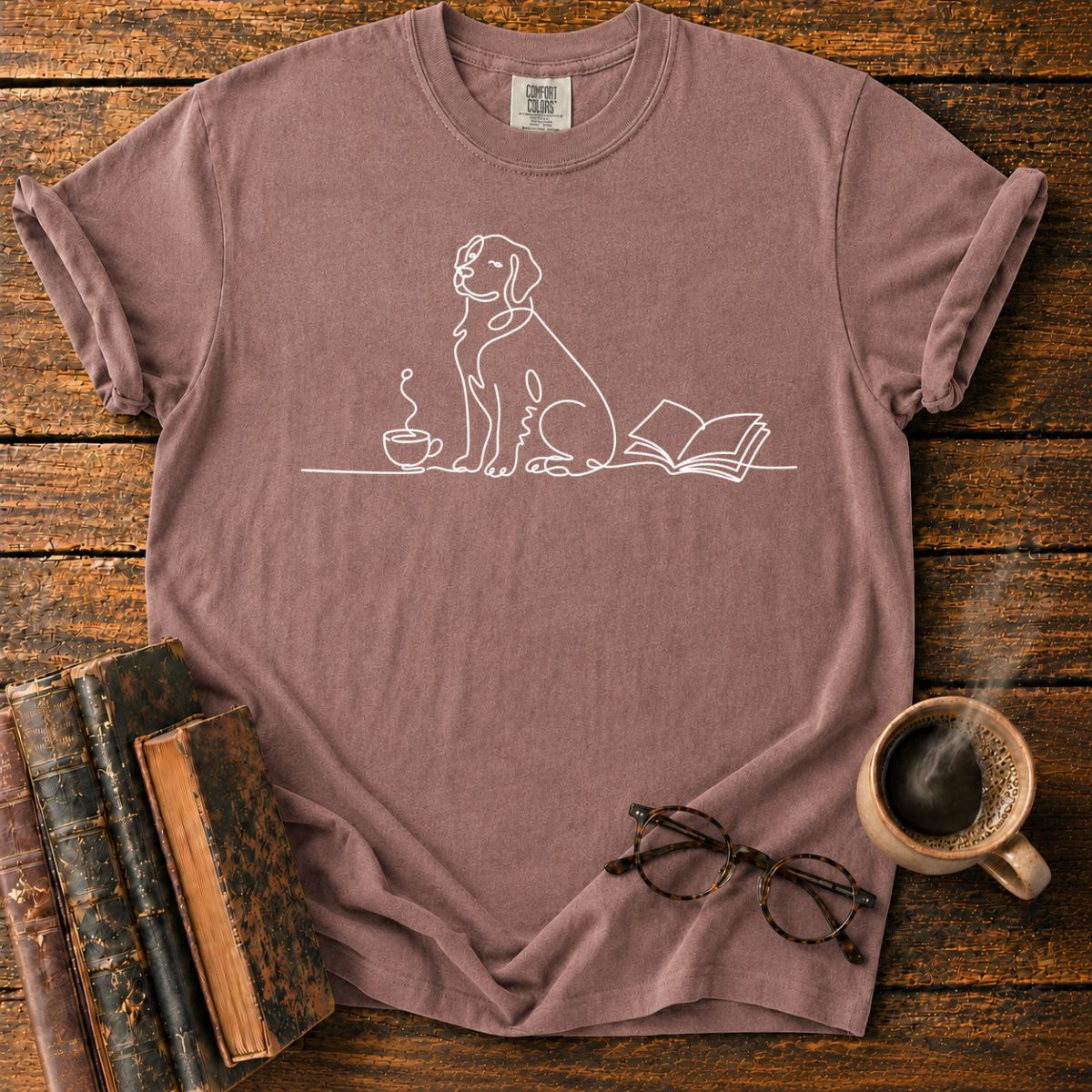 Minimalist Dog with Cup and Book T-Shirt
