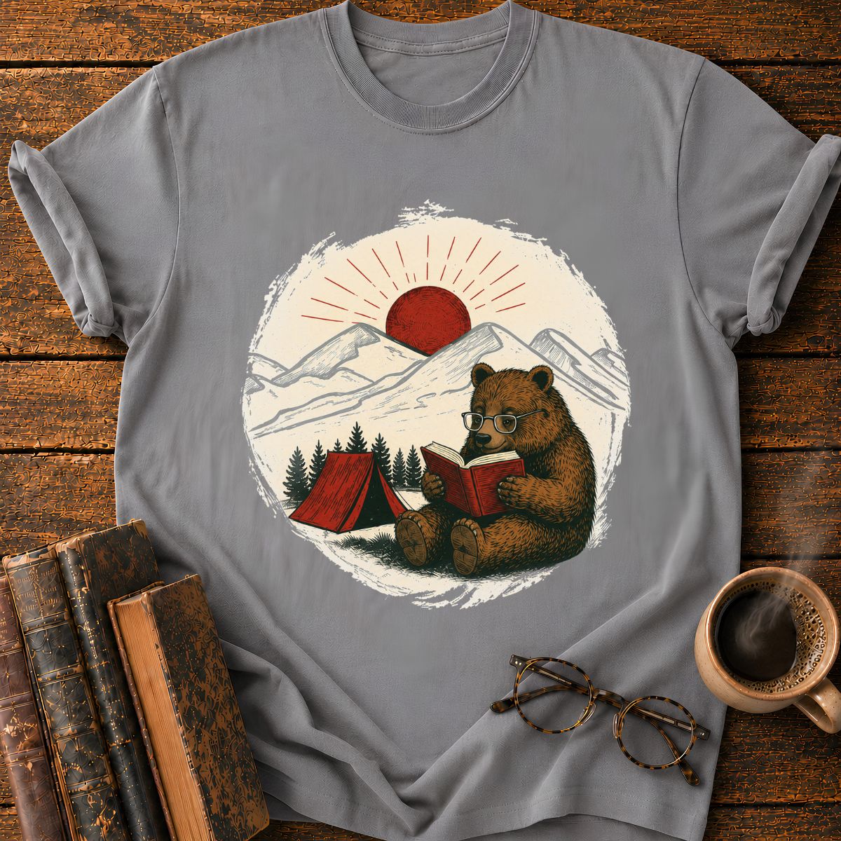 Vintage Camping Bear Reading Badge T-Shirt