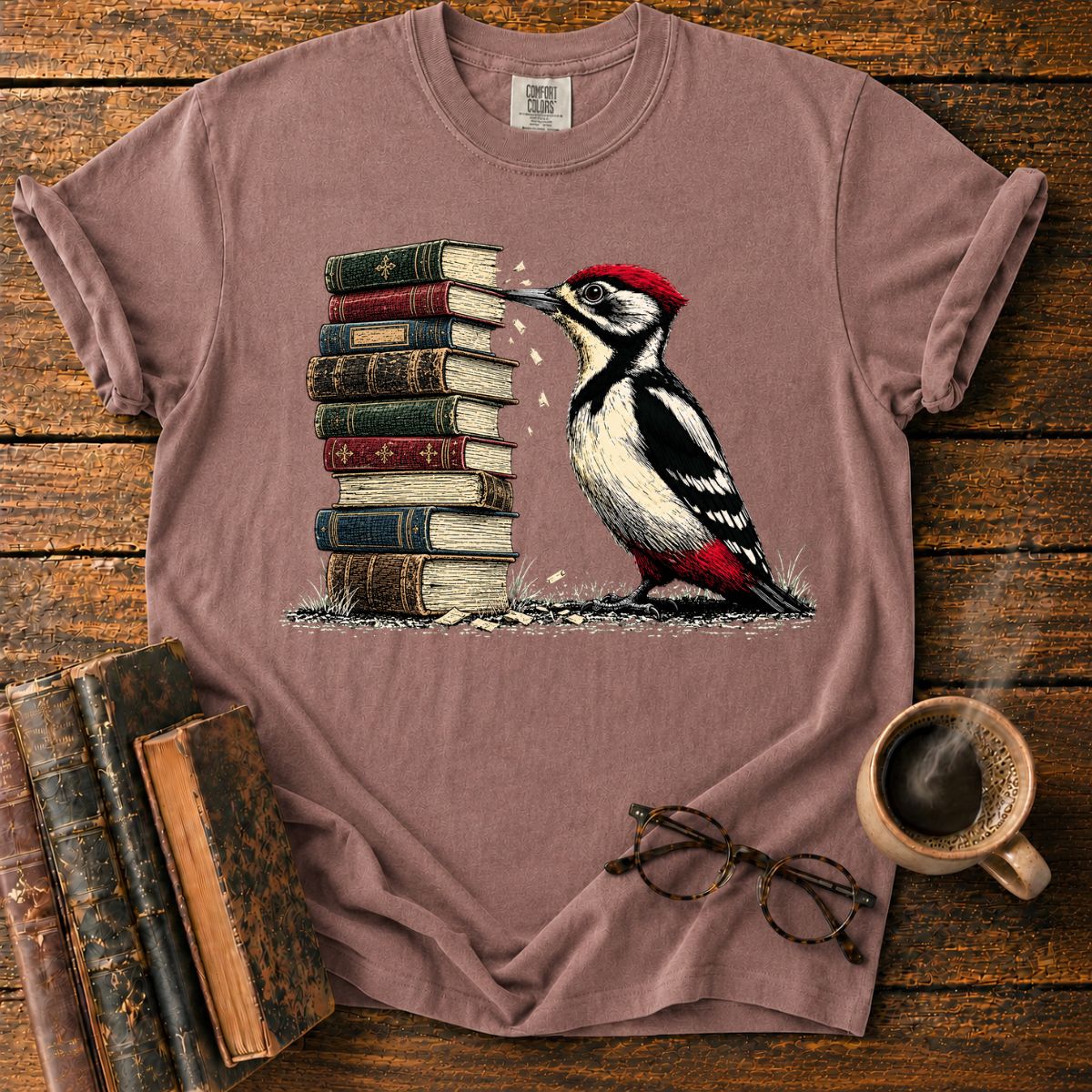 Woodpecker Pecks a Book Stack T-Shirt
