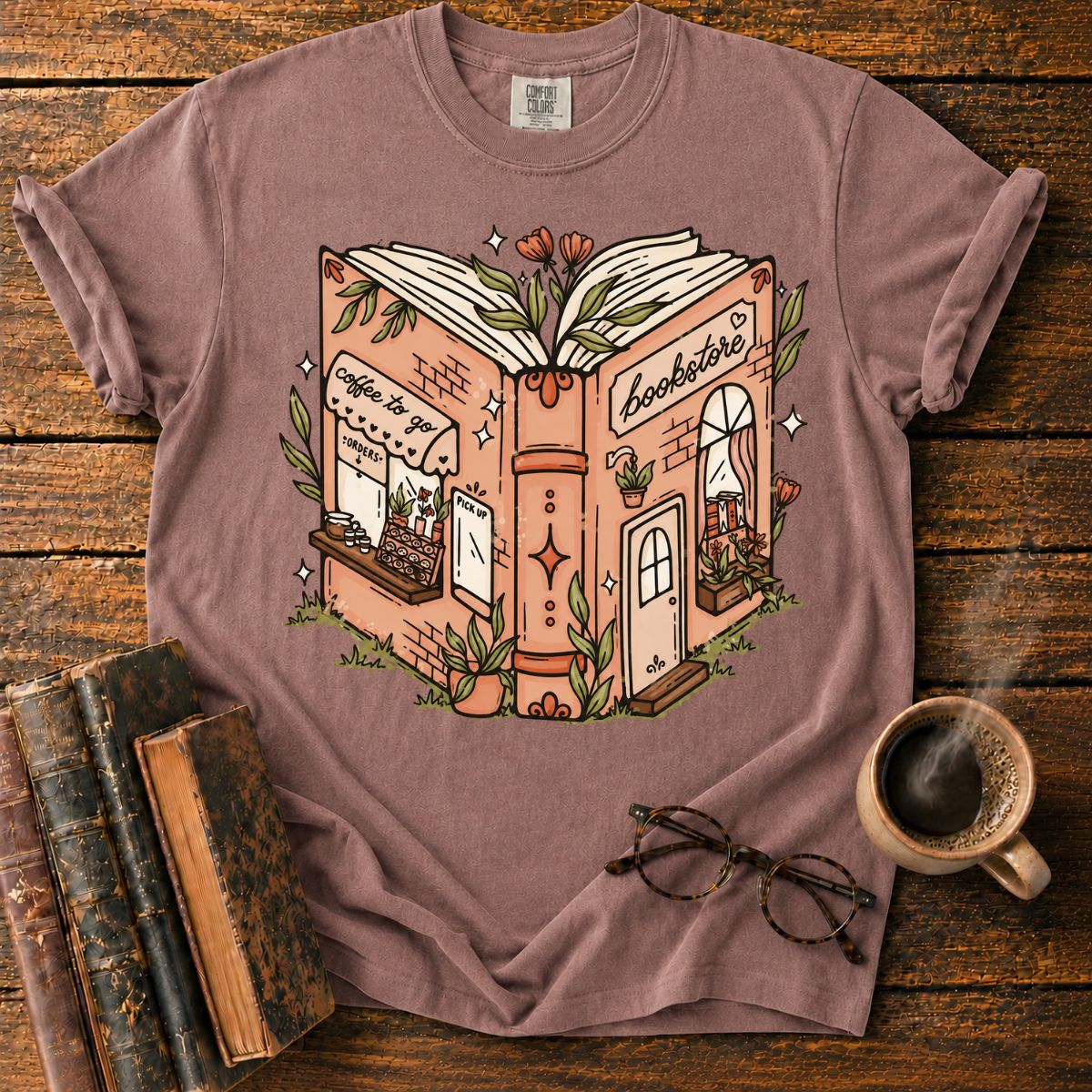 Whimsical Open-Book Bookstore Coffee T-Shirt