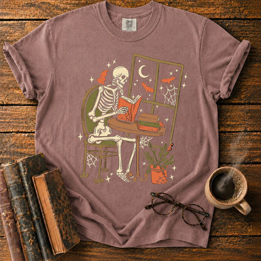 Cozy Skeleton Reading by Moonlight T-Shirt