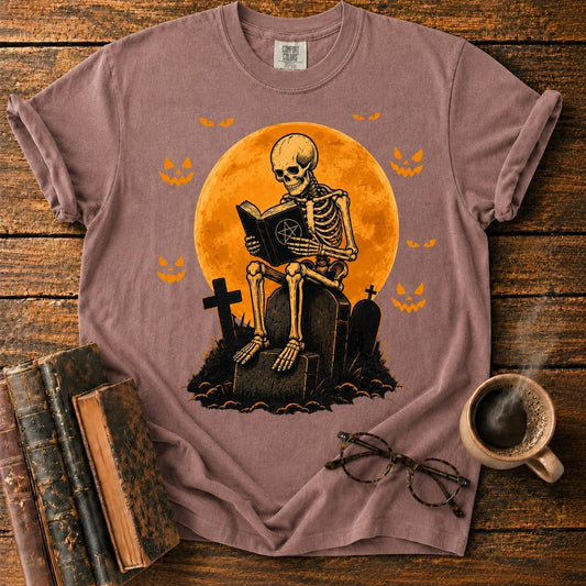 Skeleton Reading Beneath the Pumpkin Moon T-Shirt