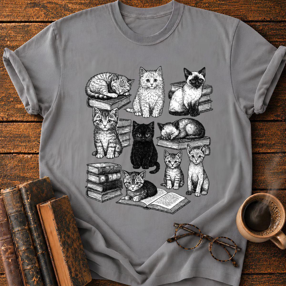 Vintage Puppy Bookworm Collage T-Shirt