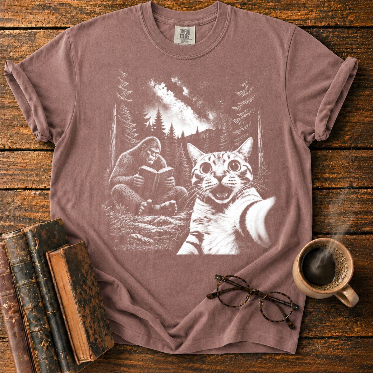 Moonlit Bigfoot and Cat Reading T-Shirt