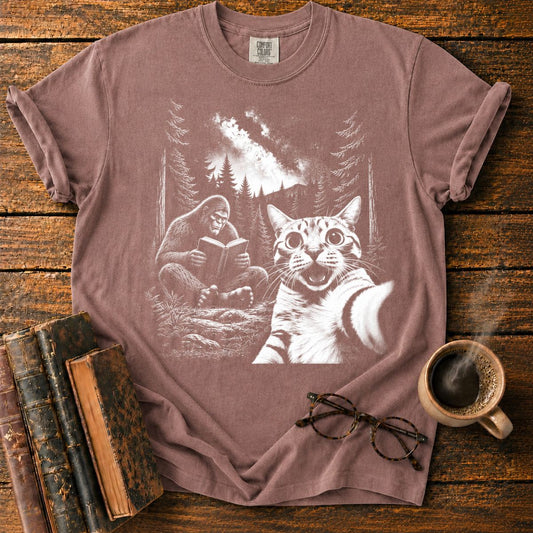 Moonlit Bigfoot and Cat Reading T-Shirt
