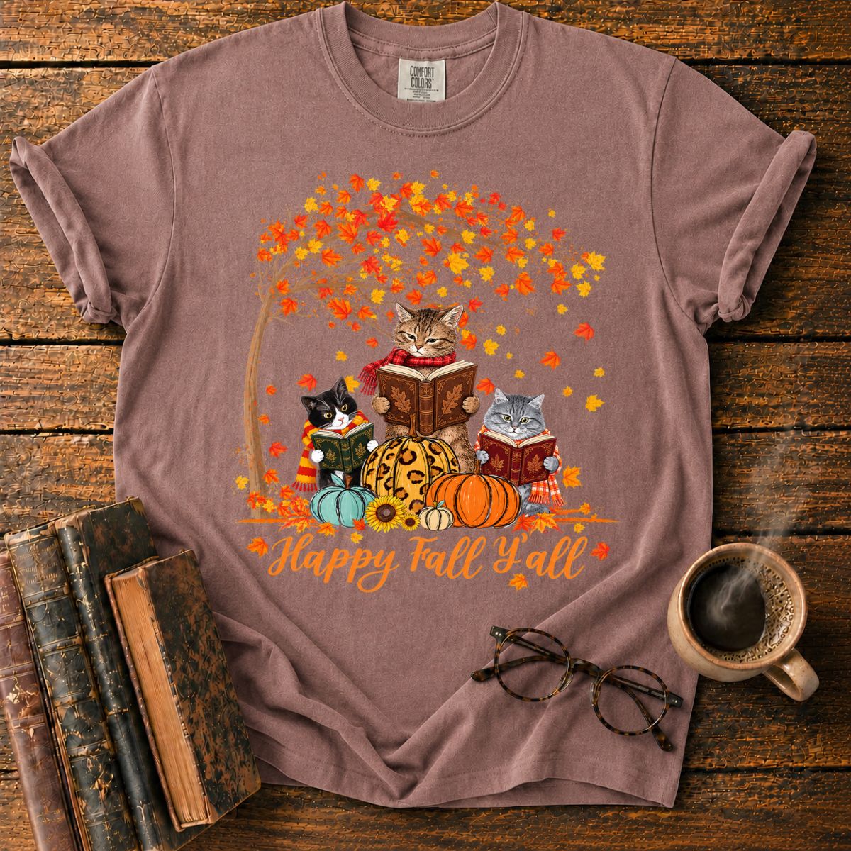 Three Cats Read with Autumn Books T-Shirt