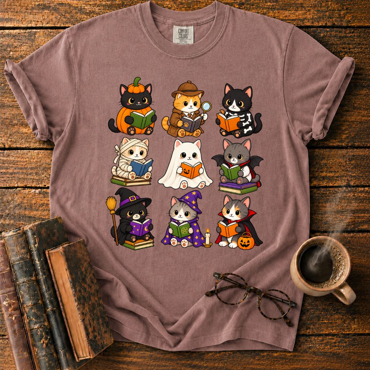 Kawaii Halloween Cat Reading T-Shirt