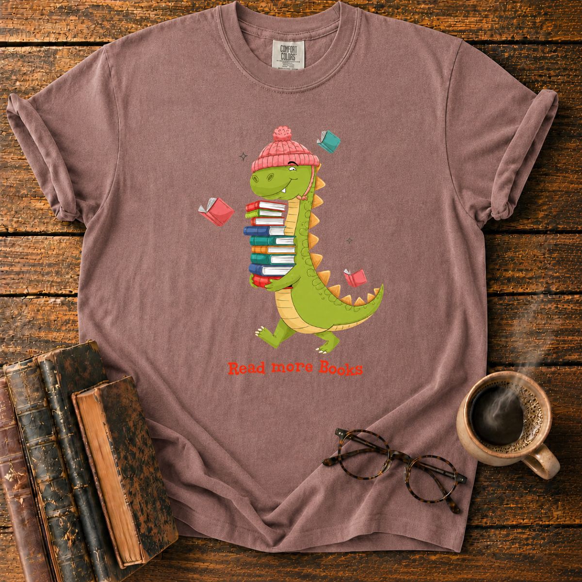 Dinosaur With Books T-Shirt