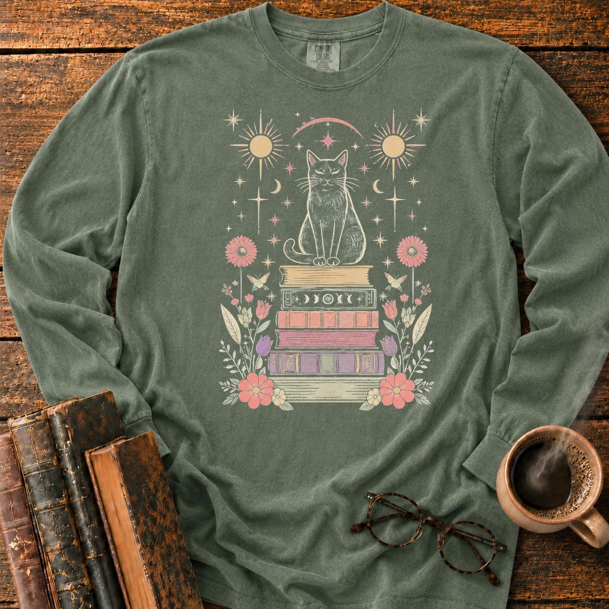Celestial Black Cat Book Stack LS T-Shirt