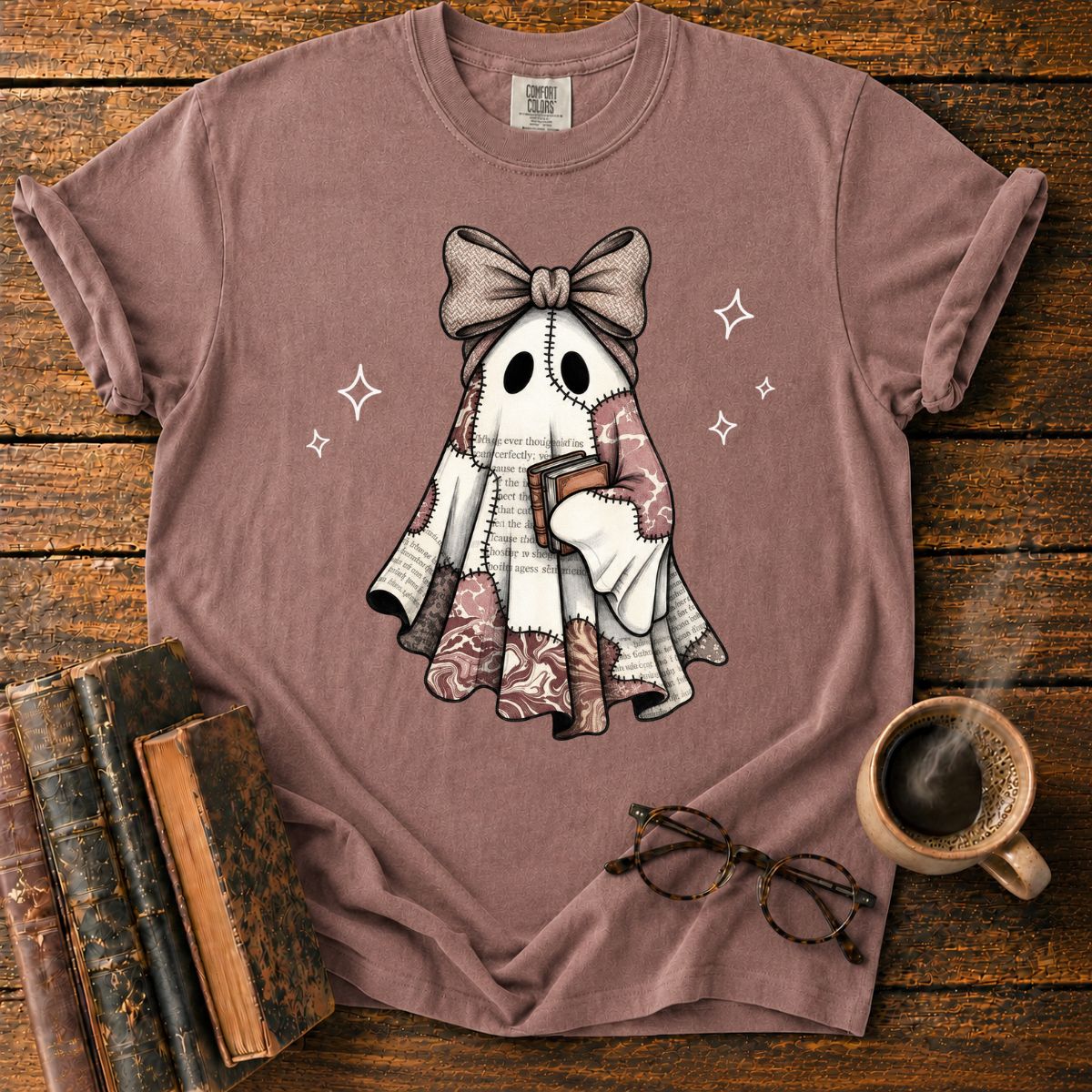 Ghost with Books and Sparkles T-Shirt