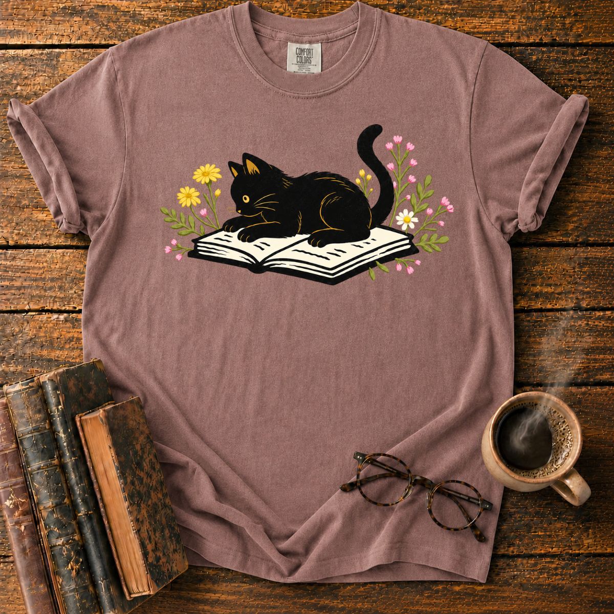 Cat Reading Among Flowers T-Shirt