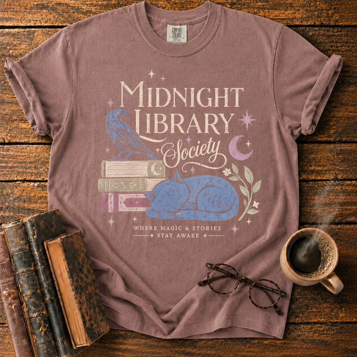 Midnight Library Society Cat Raven T-Shirt