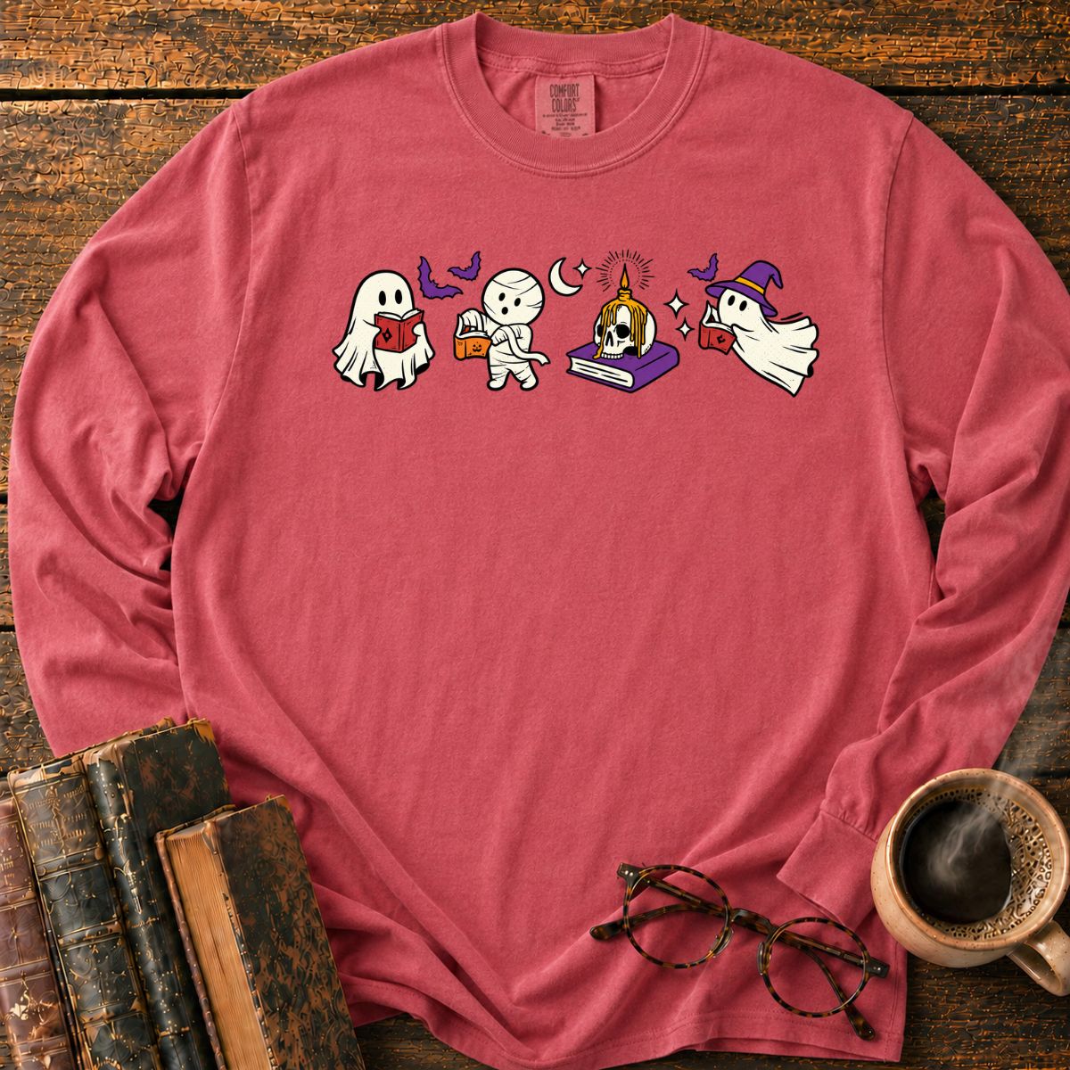 Spooky Ghost Mummy Book Lover LS T-Shirt