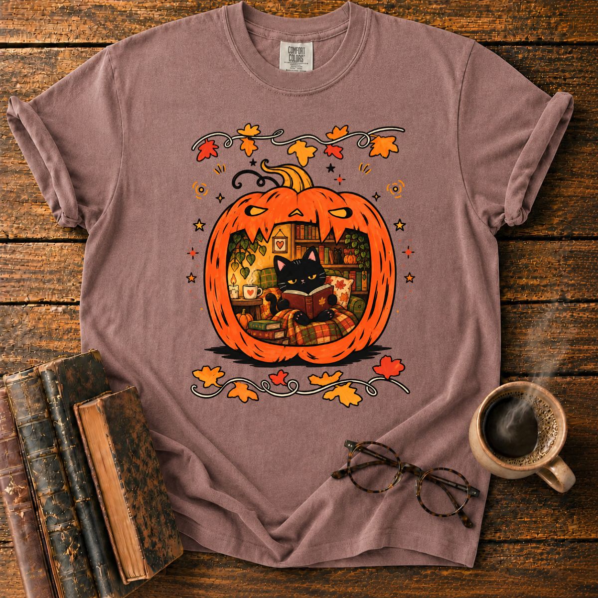 Cozy Pumpkin Reading Nook with Cat T-Shirt
