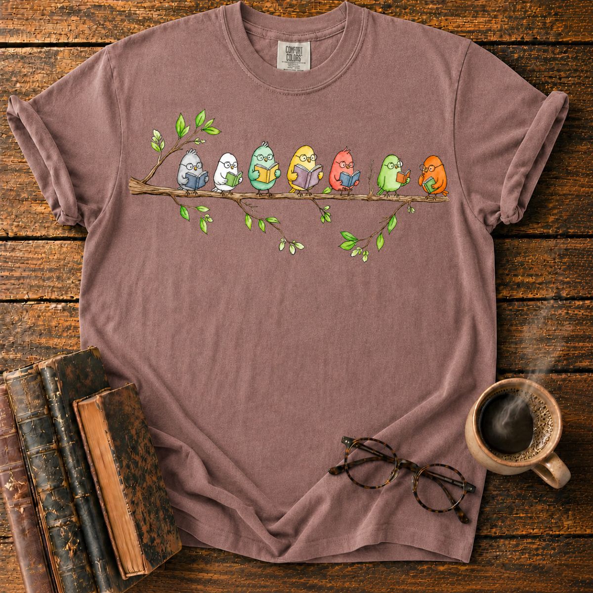 Seven Studious Birds on a Leafy Branch T-Shirt