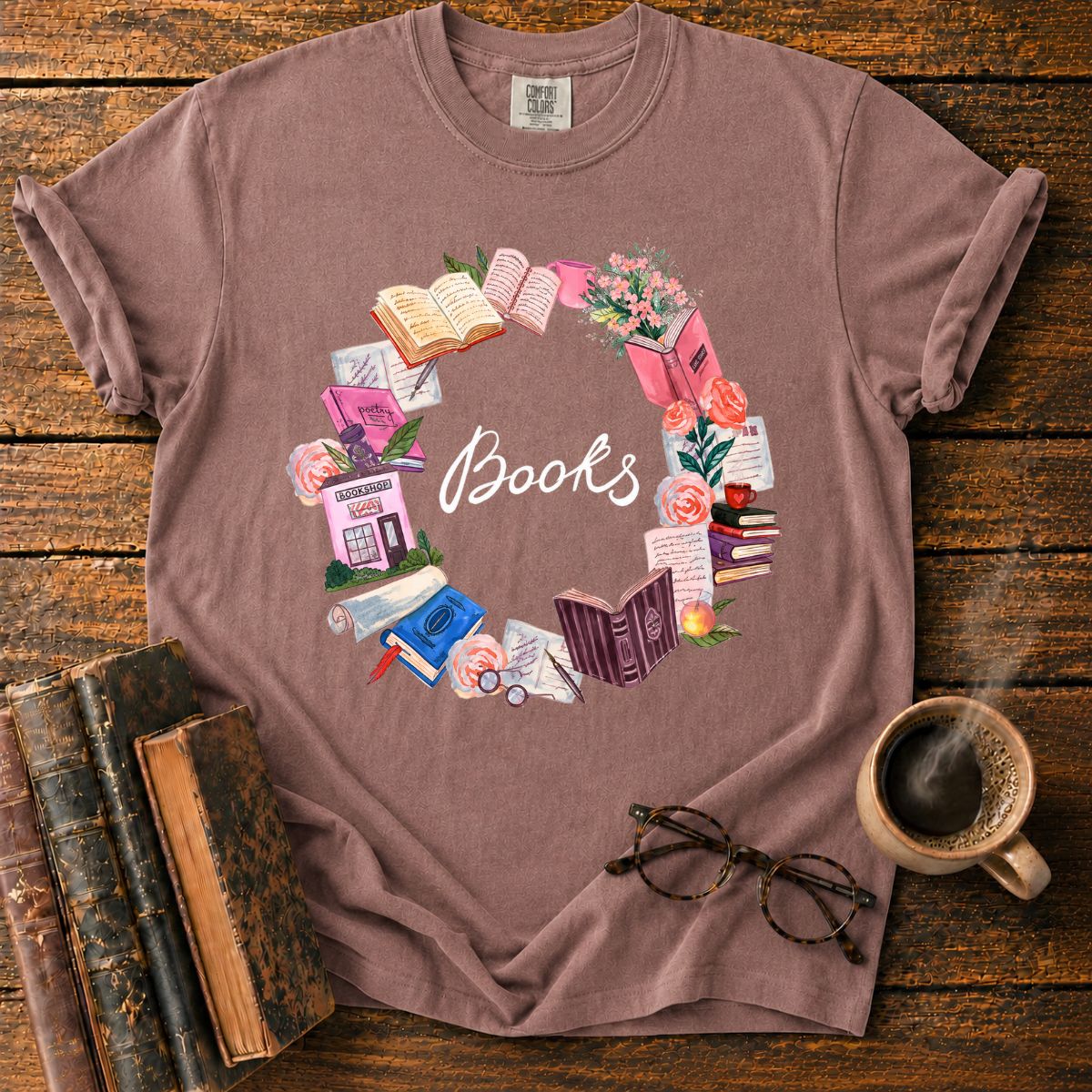 Pastel Books and Blooms Wreath T-Shirt