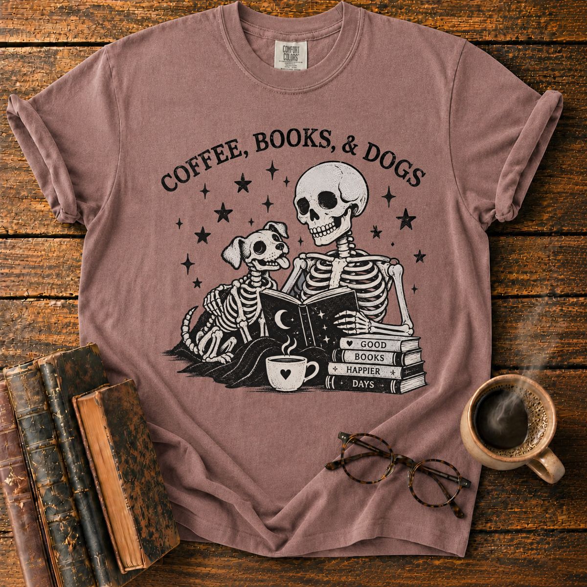 Coffee Books and Dogs Skeleton T-Shirt