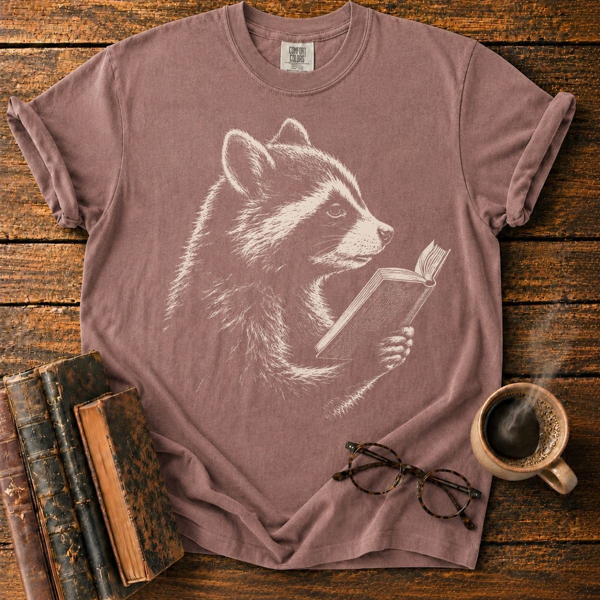 Vintage Engraved Raccoon Reading T-Shirt
