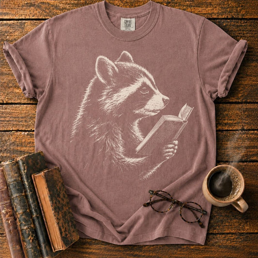 Vintage Engraved Raccoon Reading T-Shirt