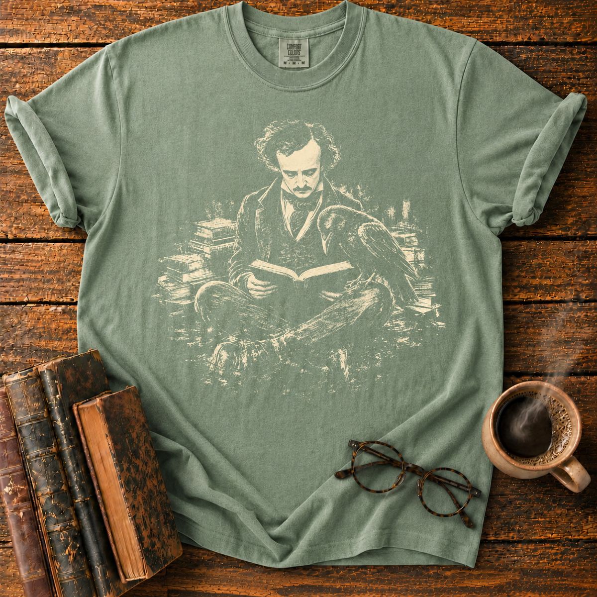 Edgar Allan Poe Reading With Raven T-Shirt