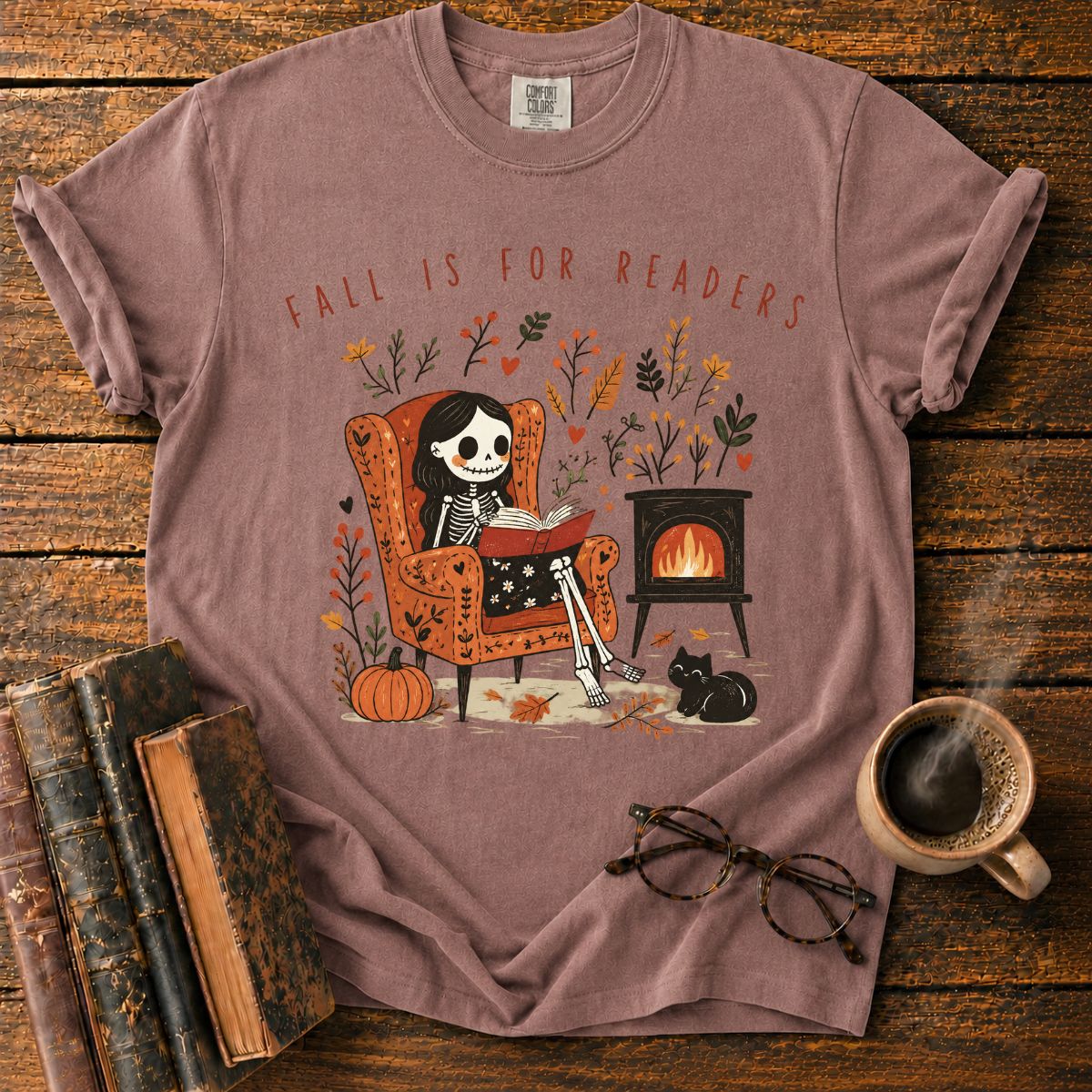 Fall Is for Readers Cozy Skeleton T-Shirt