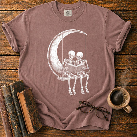 Skeletons Reading Beneath a Crescent Moon T-Shirt