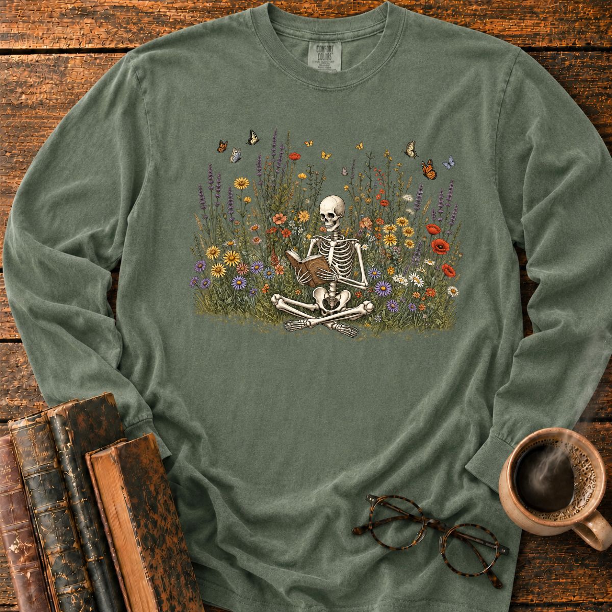 Skeleton Reading Wildflowers LS T-Shirt