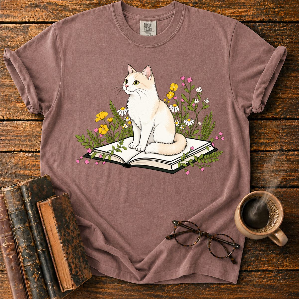 Cat Reading Among Flowers T-Shirt