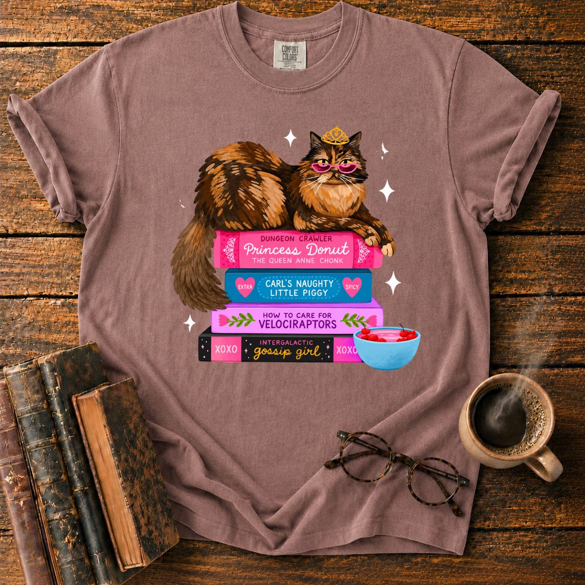 Princess Cat Book Stack Bookish T-Shirt