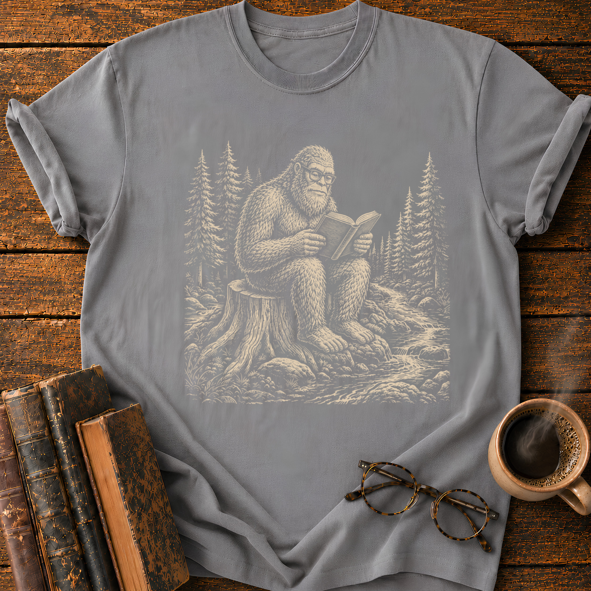 Bigfoot Reading in the Pine Forest T-Shirt