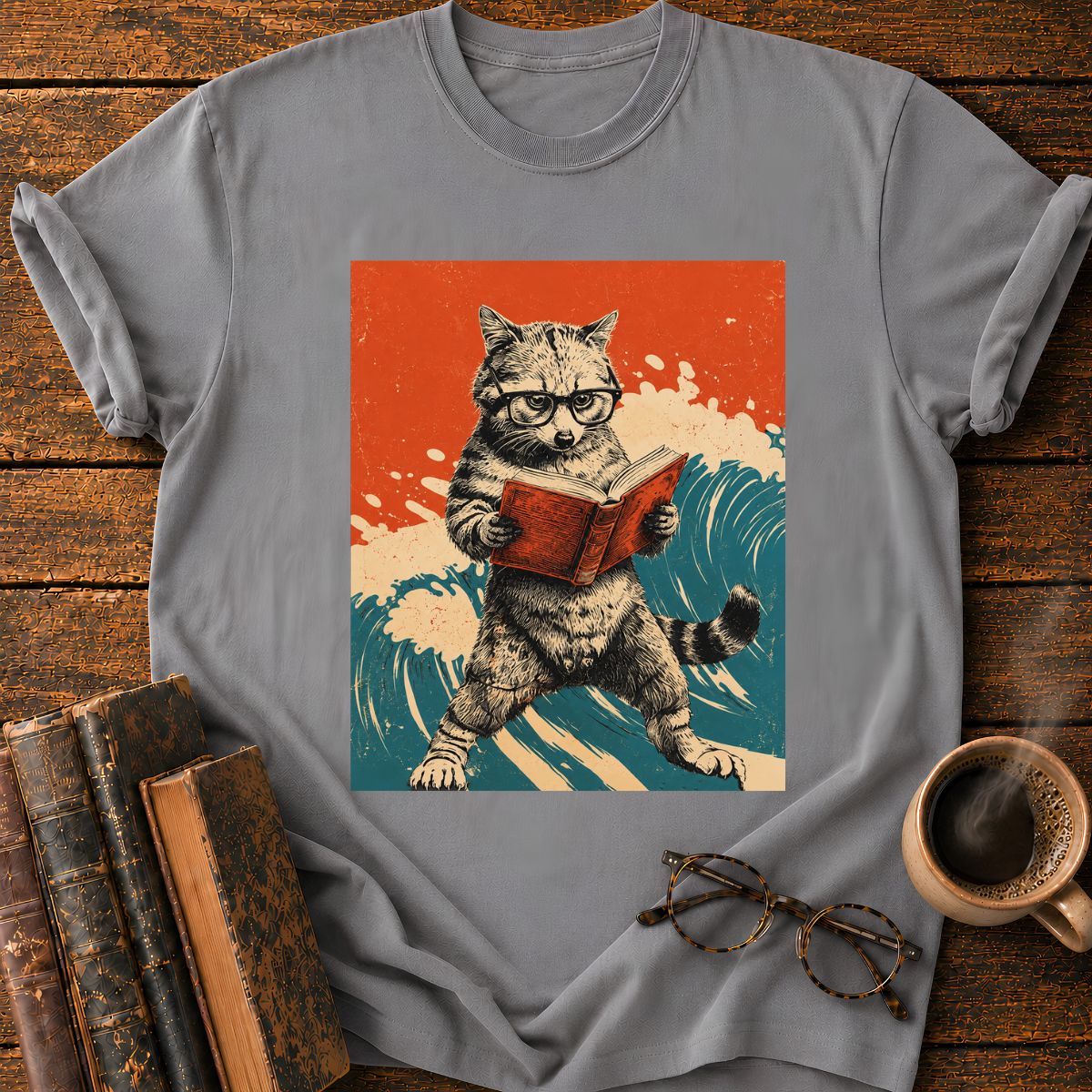Vintage Cat Reading By The Sea T-Shirt