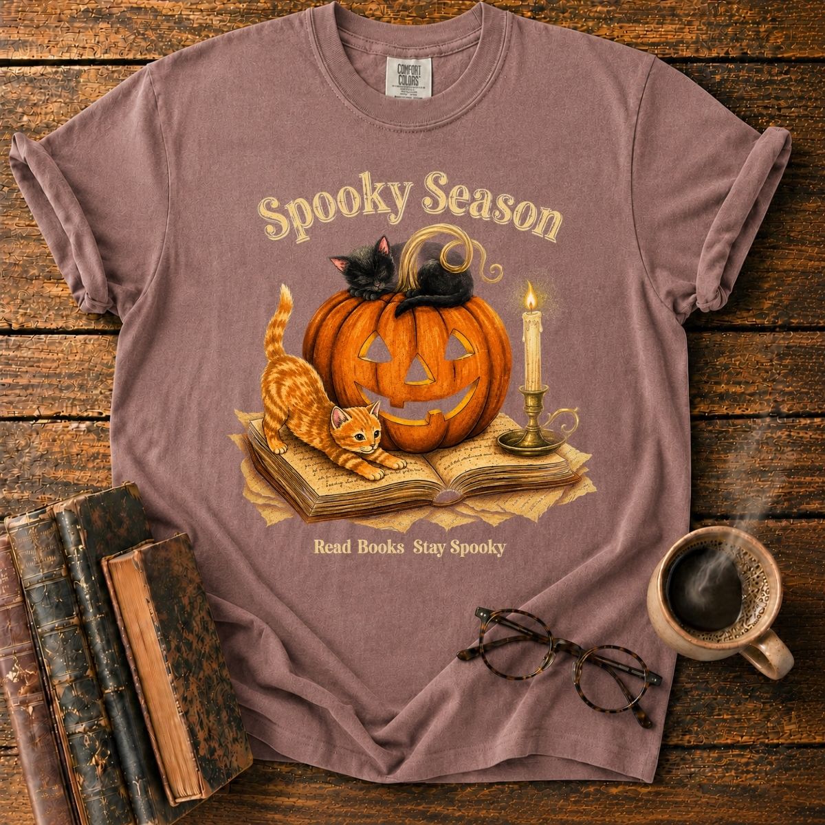Spooky Season_ Pumpkin, Cats & Books T-Shirt