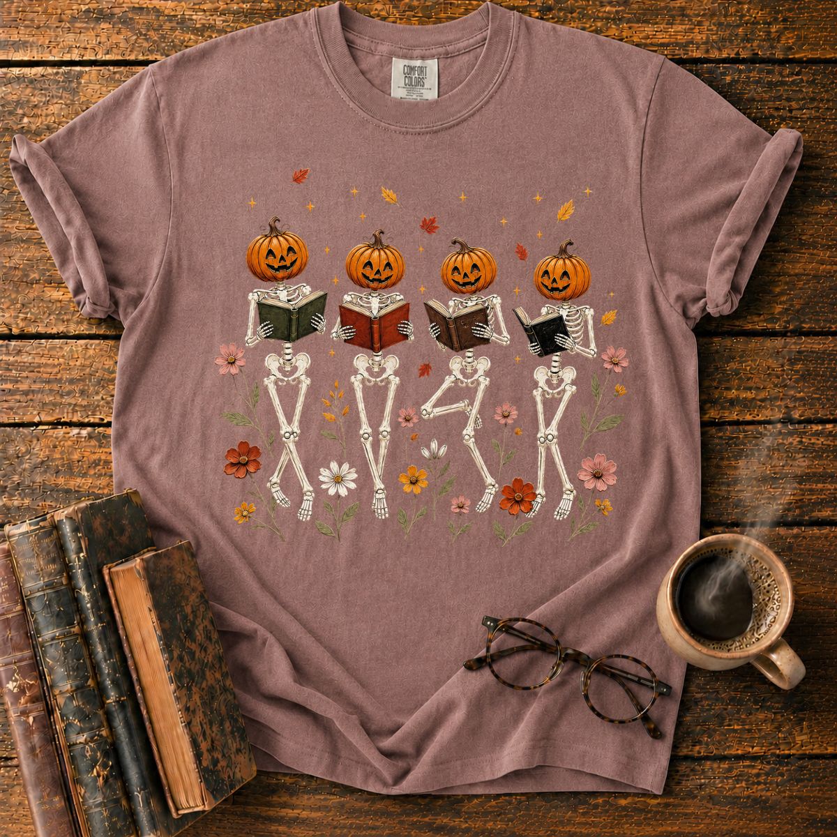 Skeletons Reading Among Autumn Flowers T-Shirt