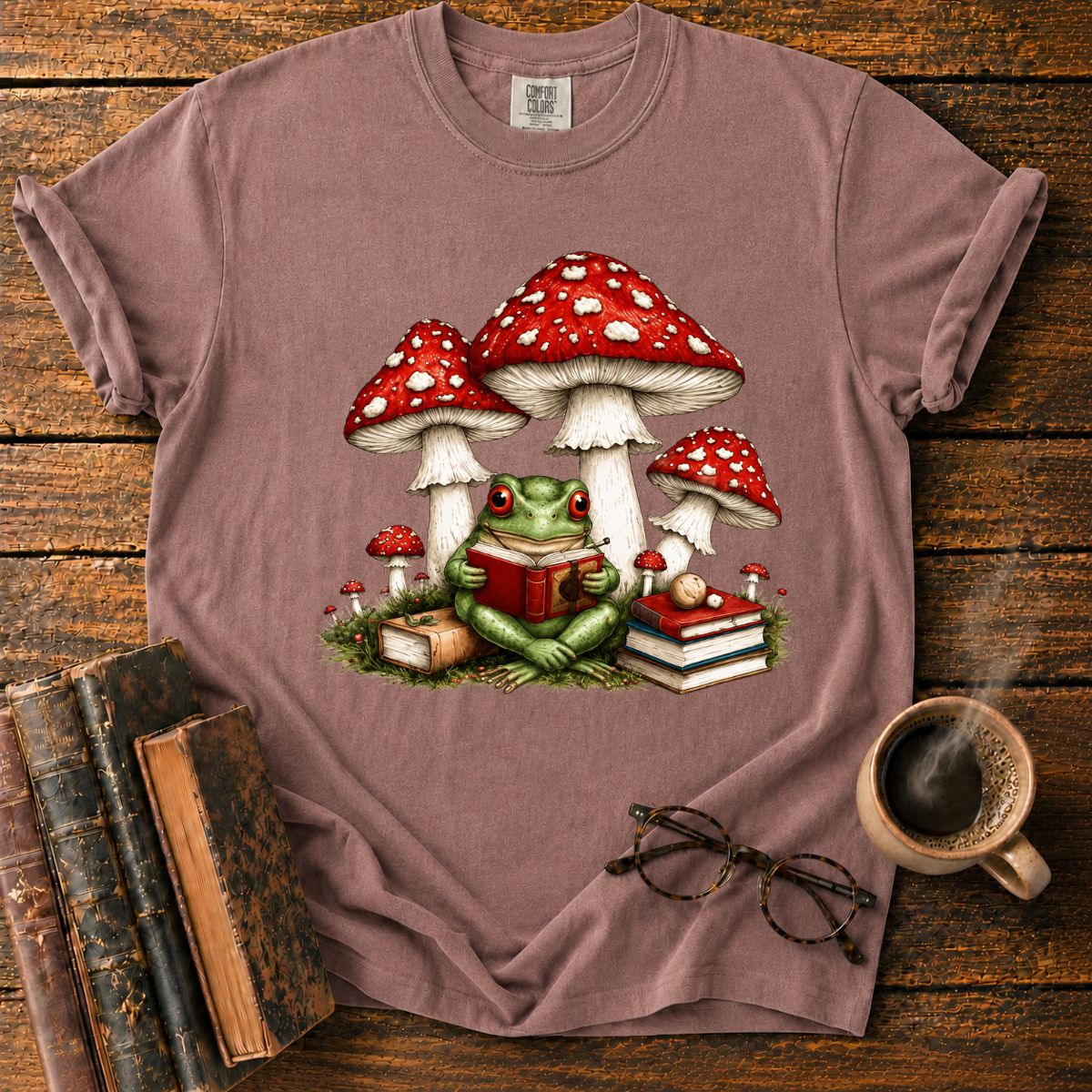 Frog Reading Beneath Mushroom T-Shirt