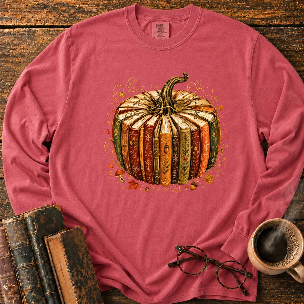Vintage Book Pumpkin Fall LS T-Shirt