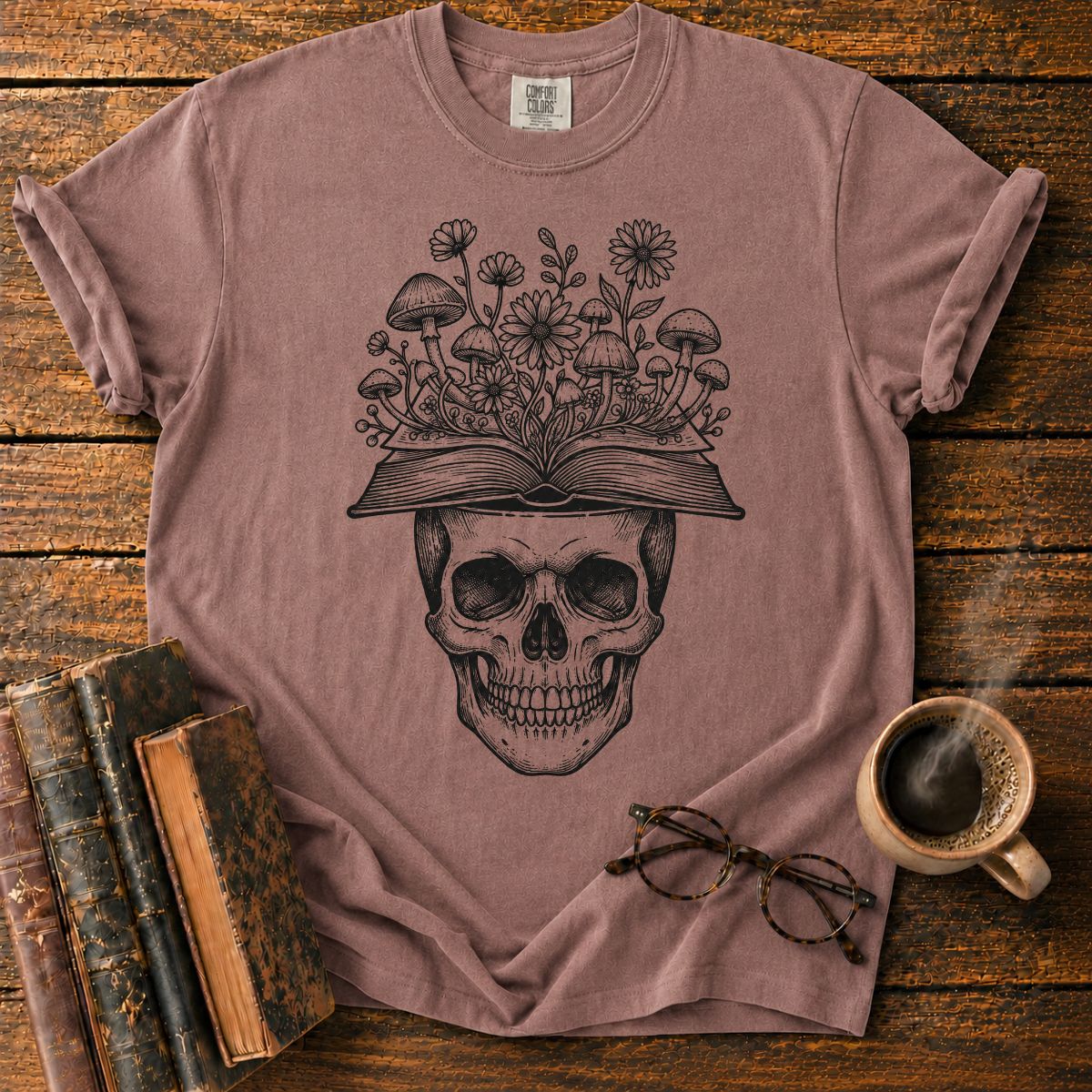 Skull Book Mushroom Wildflowers T-Shirt