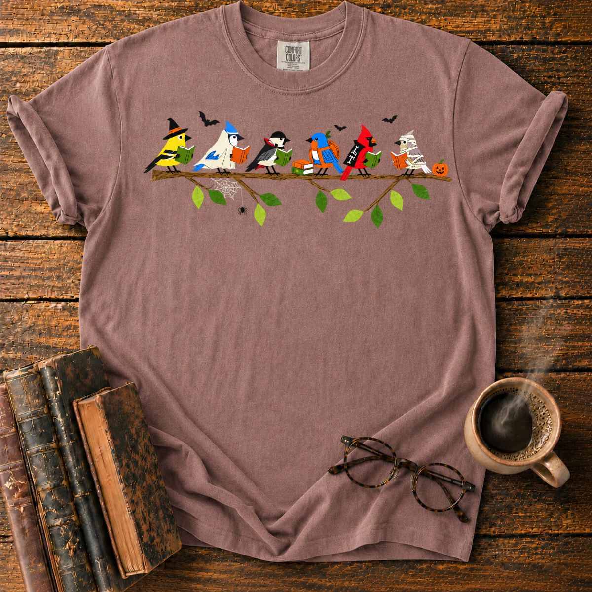 Halloween Birds Reading on a Branch T-Shirt