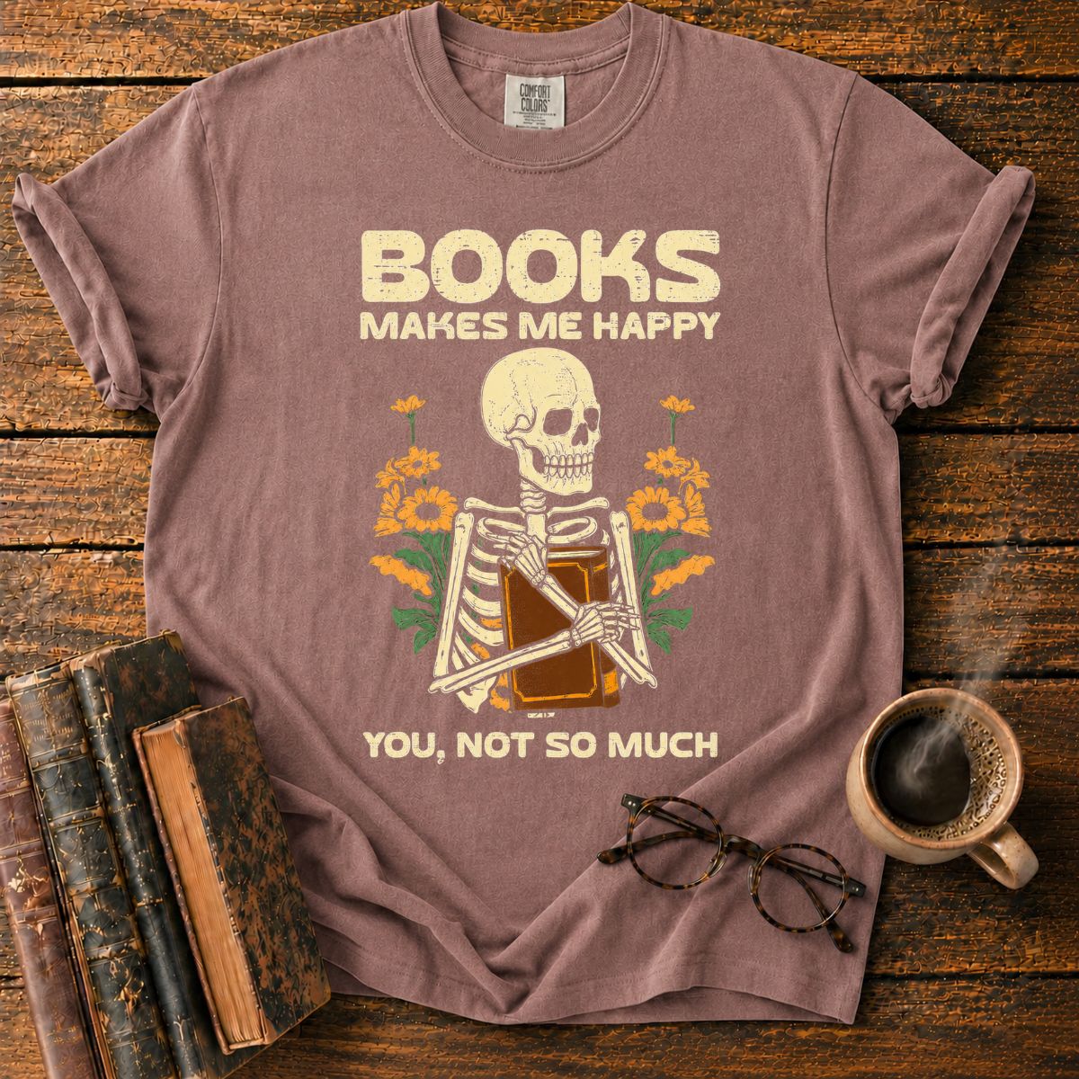 Books Make Me Happy Skeleton Floral T-Shirt