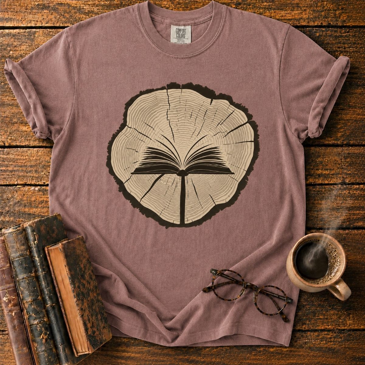 Open Book in a Wood Slice T-Shirt