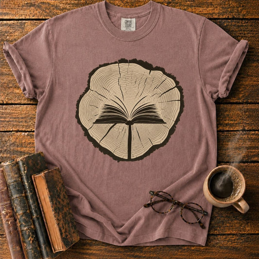Open Book in a Wood Slice T-Shirt