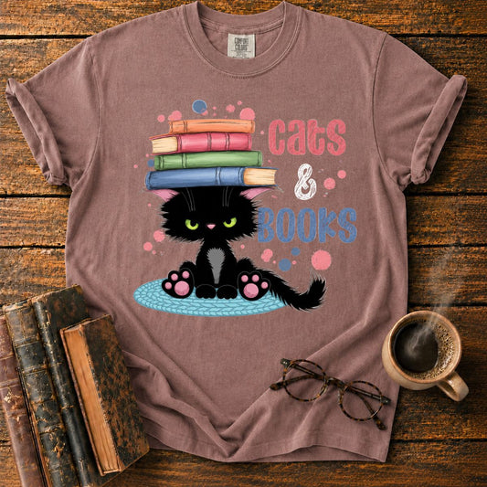 Black Cat with Books on a Braided Rug T-Shirt