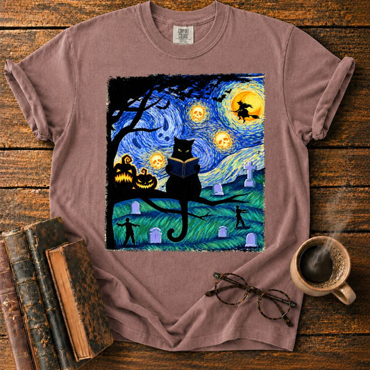 Black Cat Reading Under Skull Moon T-Shirt