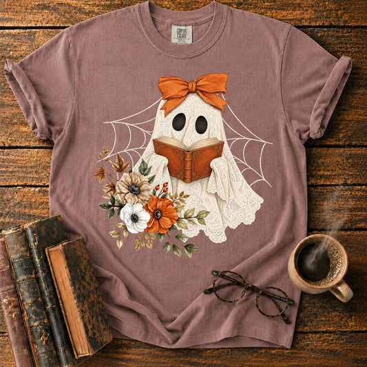 Lace Ghost Reads Among Autumn Flowers T-Shirt