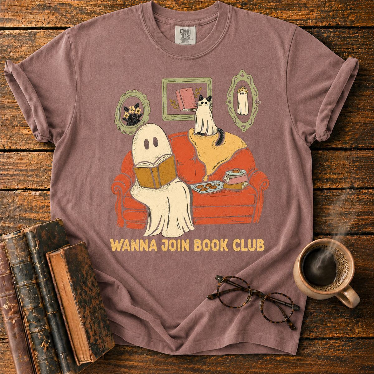 Cozy Ghost and Cat Book Club T-Shirt