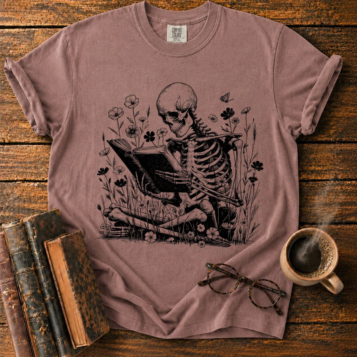 Skeletal Reader in a Wildflower Meadow T-Shirt