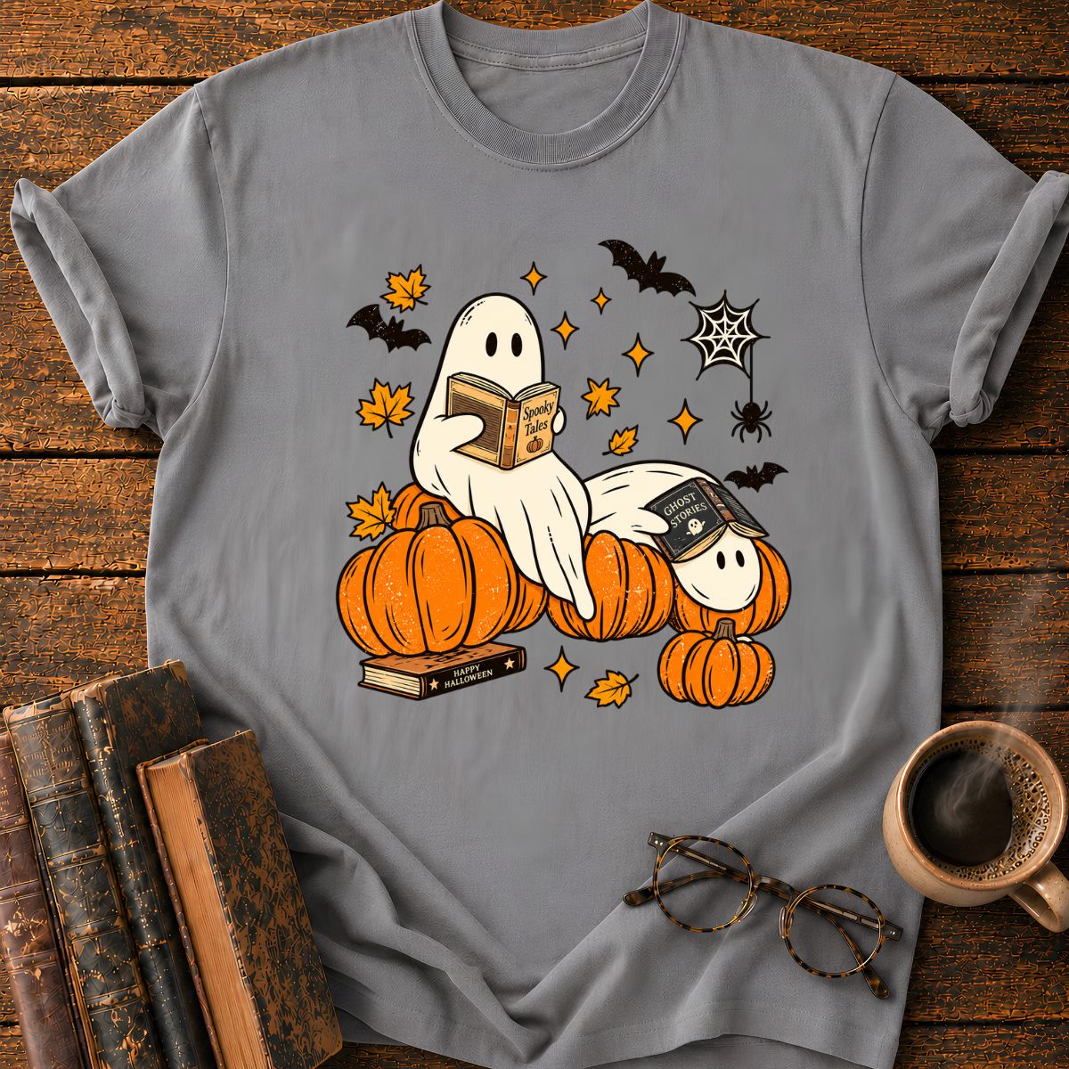 Ghost Reading A Book in Halloween T-Shirt