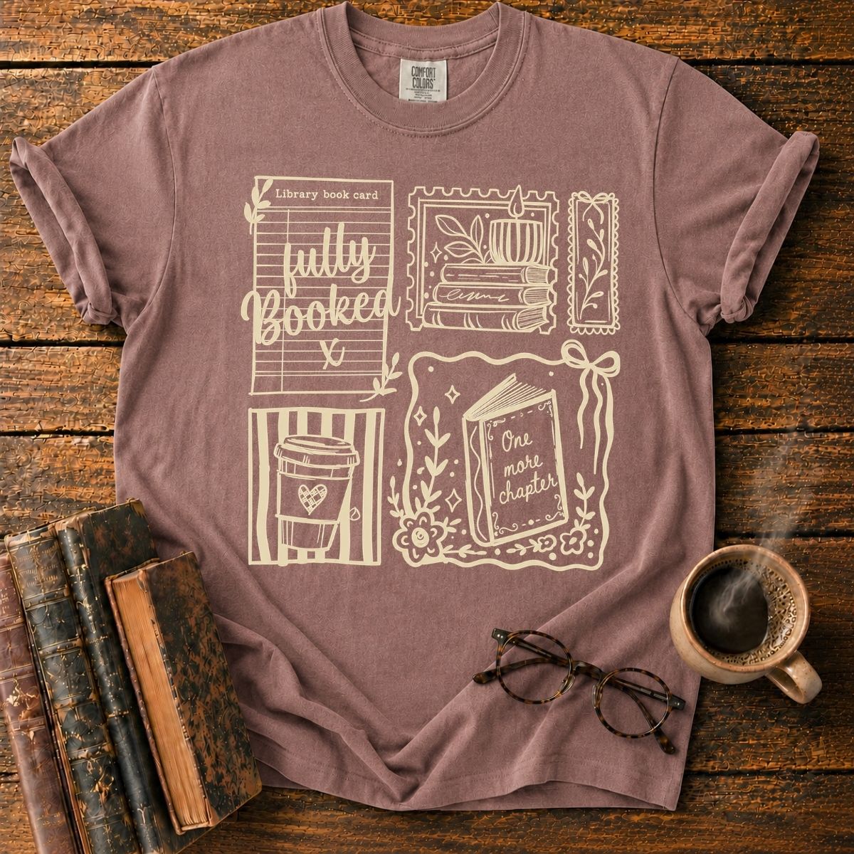 Cozy Bookish Sticker Collage T-Shirt