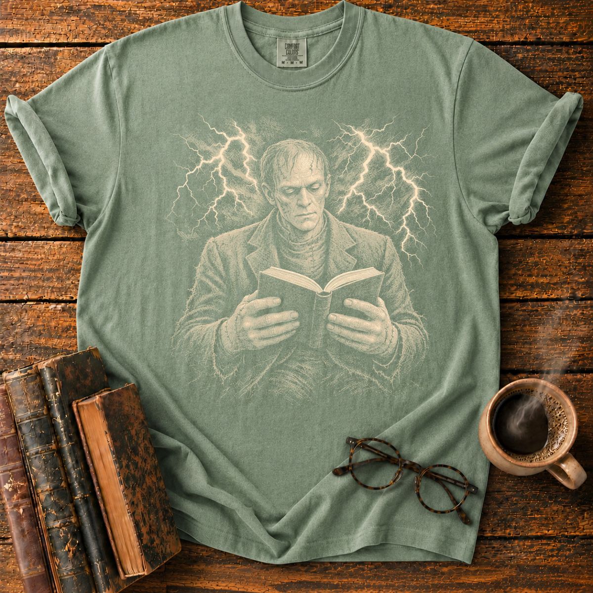 Frankenstein Monster Reading Lightning T-Shirt