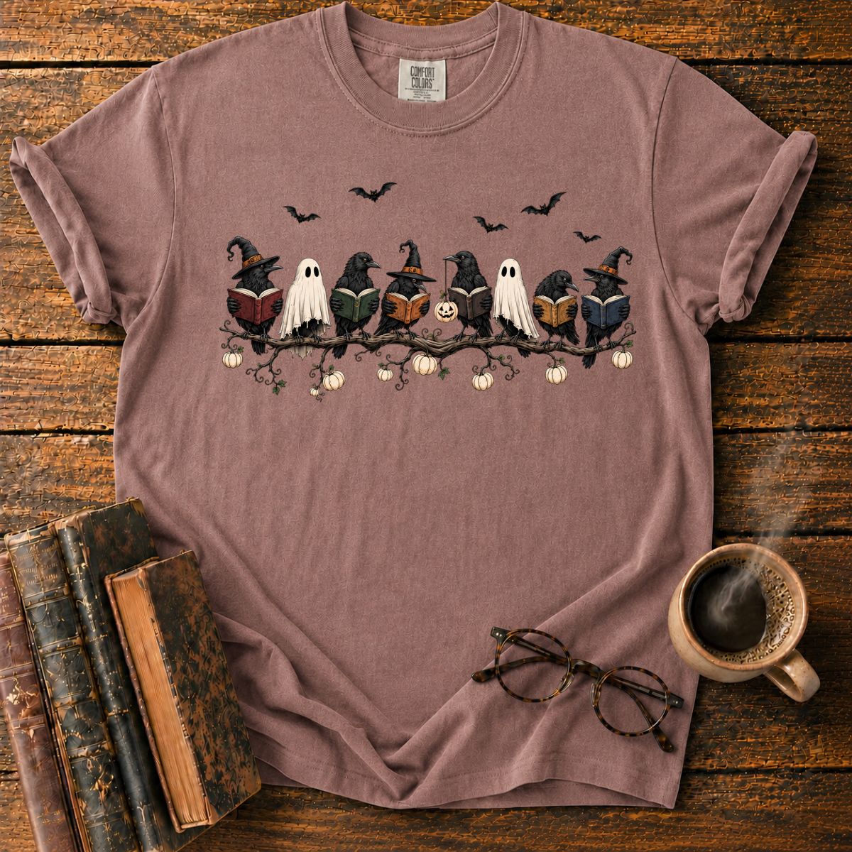 Ravens and Ghosts Reading on Halloween Branch T-Shirt