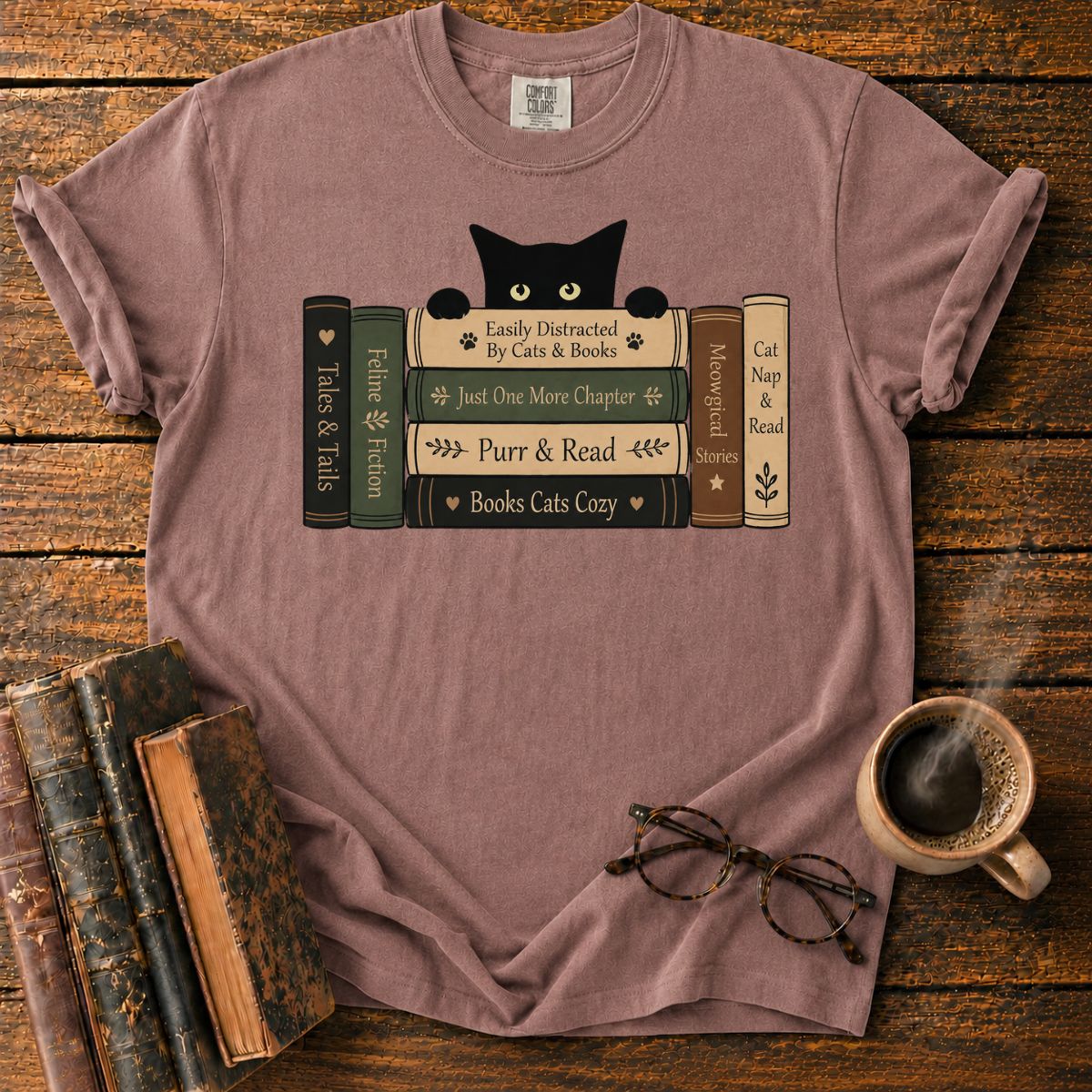 Curious Cat Peeking Over Books T-Shirt